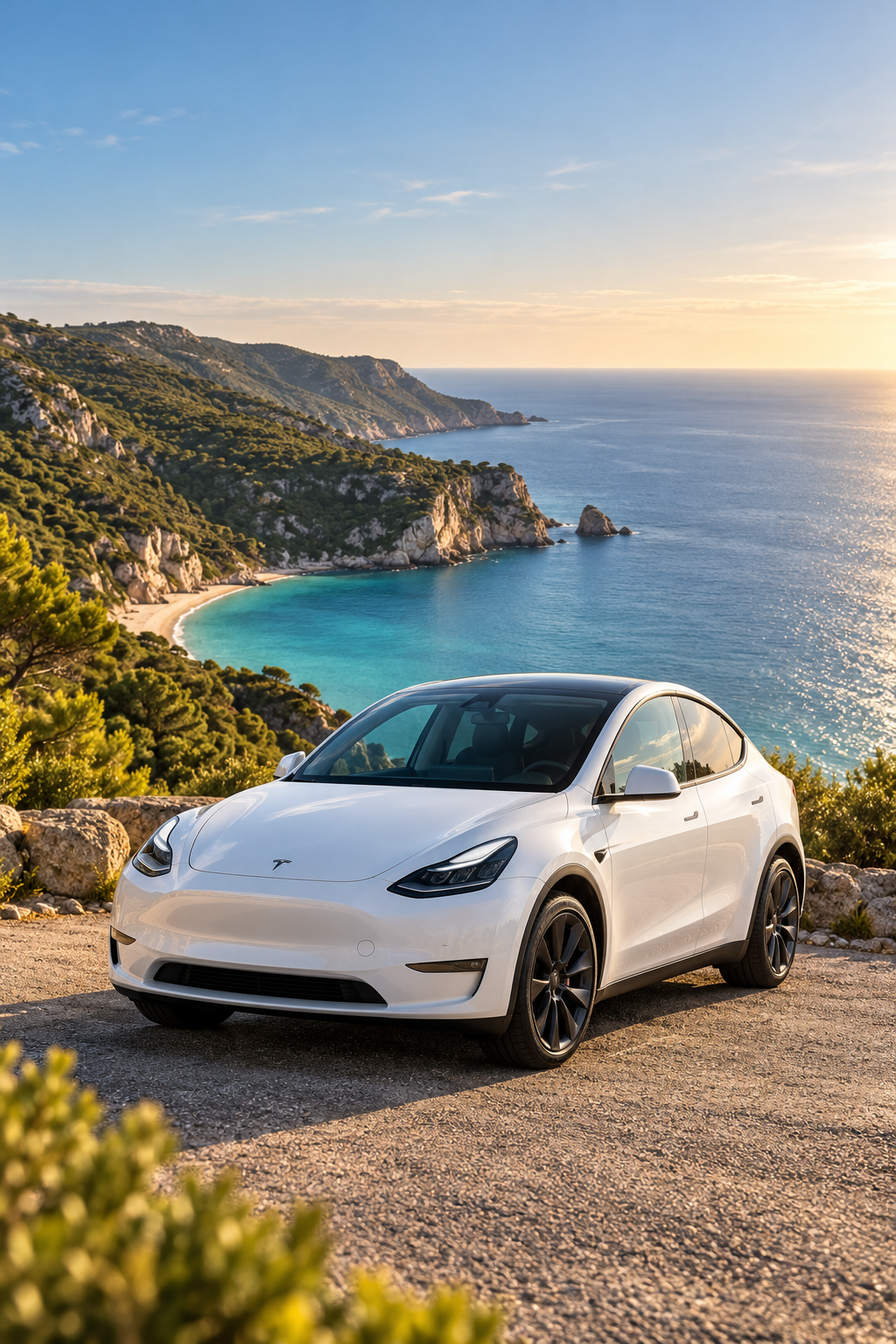 Imagem ilustrativa de um Tesla branco junto à costa portuguesa